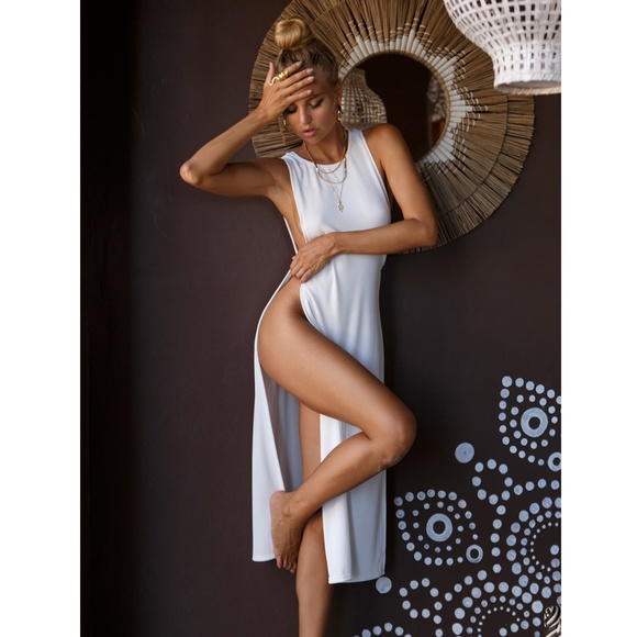 White Beach Coverup Rib Knit Side Cut - Picture 2 of 15